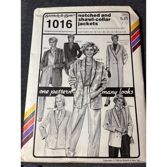 Stretch & Sew 1016 Notched & Shawl-Collar Jacket Sewing Pattern Bust Size 30-46 - Picture 1 of 5